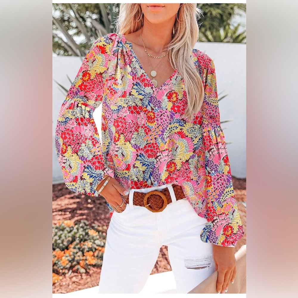 SHEWIN Women's Casual Boho Floral Print V Neck Long Sleeve Loose Blouse
